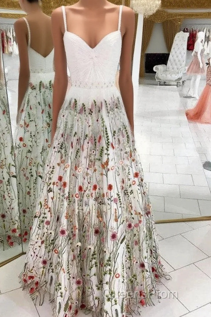 White Straps Floor Length Long Evening Prom Dress with Lace Flowers Formal Dress Main image