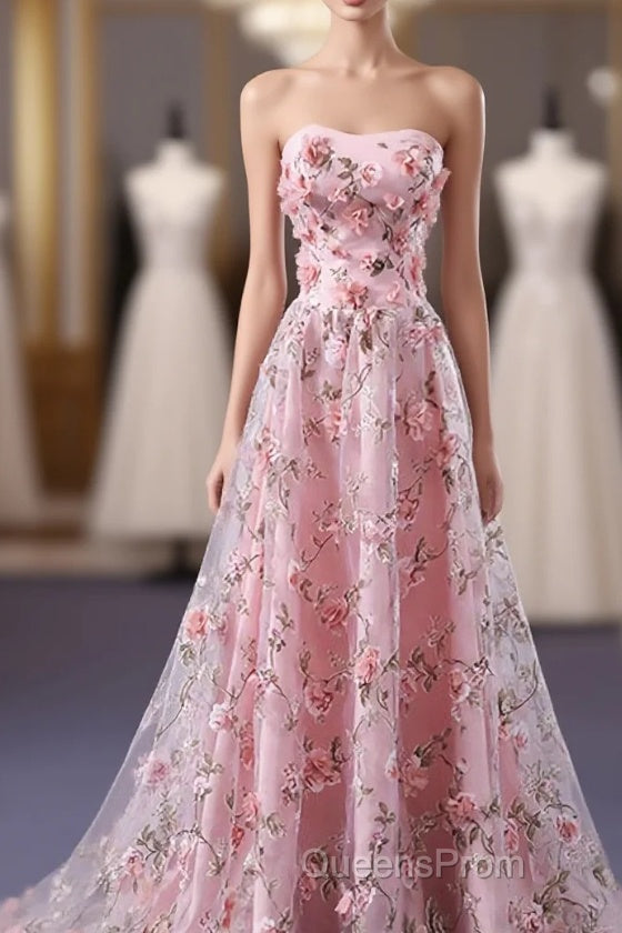 Pink Tulle 3D Flowers Long Evening Prom Dress, Pink Evening Dress Main image