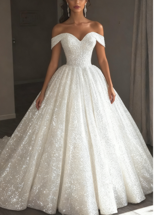 Ethereal Wedding Dress Ball Gown Off The Shoulder Sequin White Wedding Dress Bridal Gowns