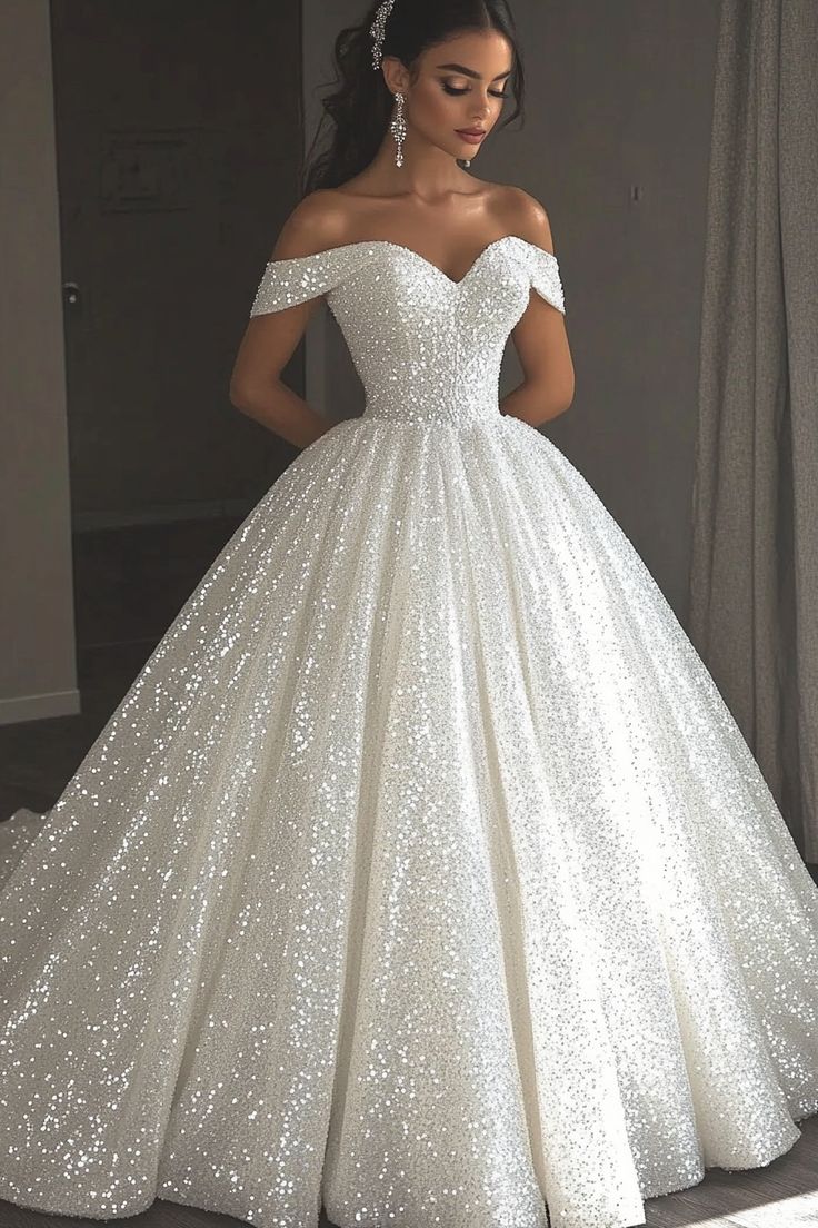 Ethereal Wedding Dress Ball Gown Off The Shoulder Sequin White Wedding Dress Bridal Gowns Main image
