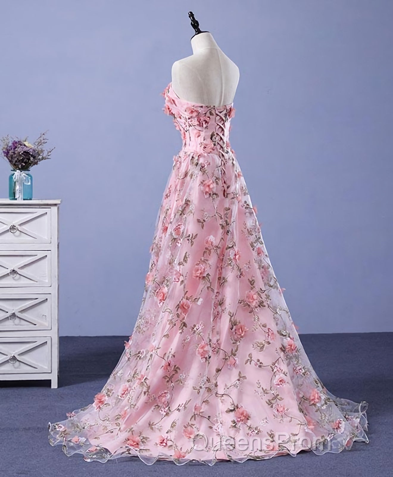 Pink Tulle 3D Flowers Long Evening Prom Dress, Pink Evening Dress Secondary image