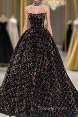 A Line Sparkly Sequin Long Evening Prom Dress, Gorgeous Strapless Long Evening Dress