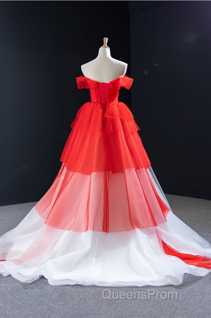 Red and White off the Shoulder Tired Evening Prom Dress, Puffy Formal Party Dress Secondary image