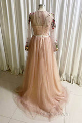 A Line Tulle Long Evening Prom Dress with Flowers, Pink Long Sleeves Party Dress with Beading