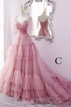 A Line V Neck New Style Tiered Long Tulle Evening Prom Dress, Evening Gown with Flower