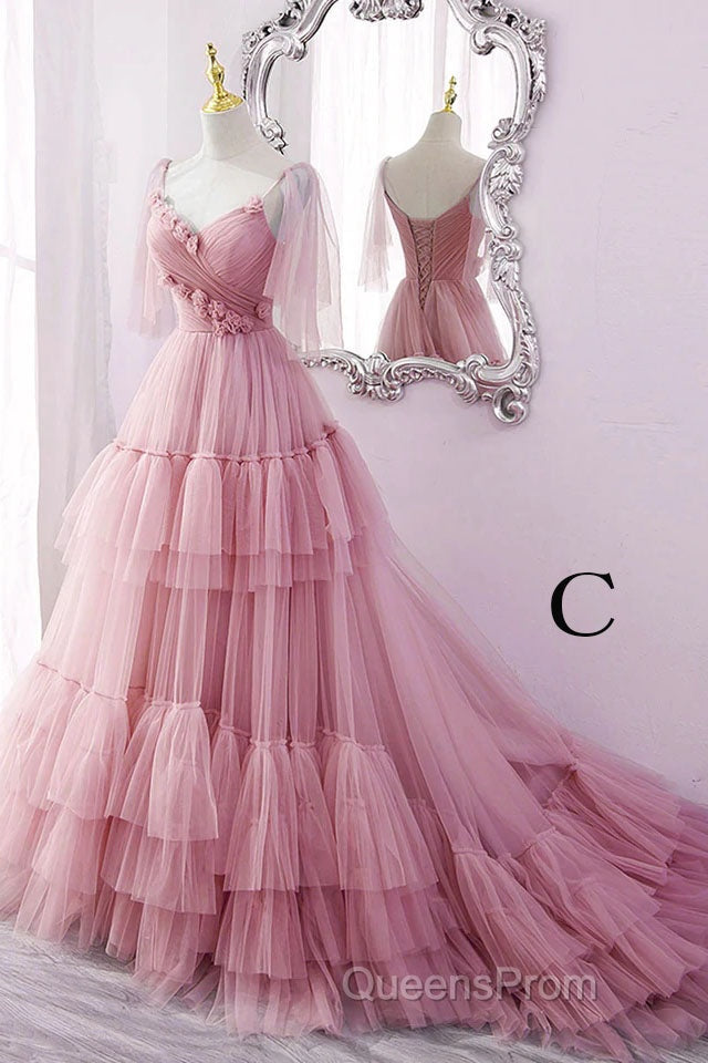 A Line V Neck New Style Tiered Long Tulle Evening Prom Dress, Evening Gown with Flower