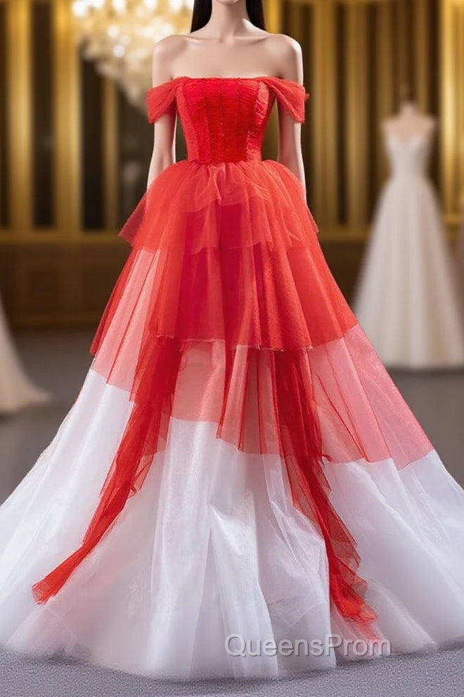 Red and White off the Shoulder Tired Evening Prom Dress, Puffy Formal Party Dress