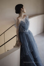 Gorgeous Blue Sparkly Tulle Beaded Prom Dress, Tiered Formal Gown with Rhinestone