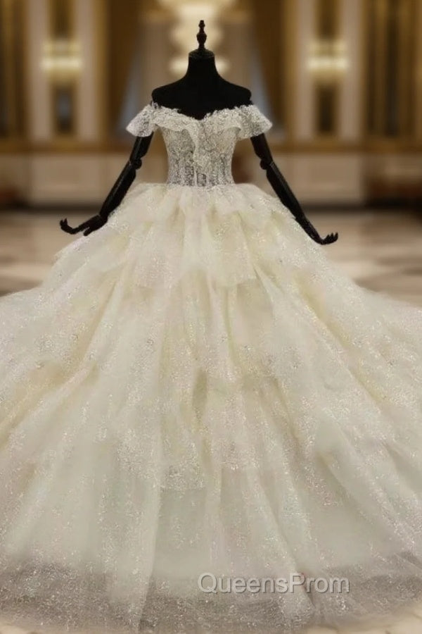 Exquisite Champagne Ball Gown Tulle Sequins Off the Shoulder Appliques Wedding Dress Main image