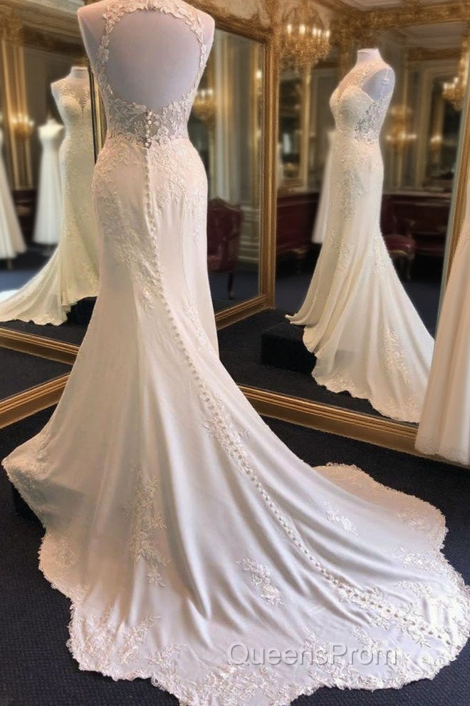 Exquisite Jewel Sleeveless Wedding Dress Sheath Tulle Lace Open Back Bridal Gown Main image