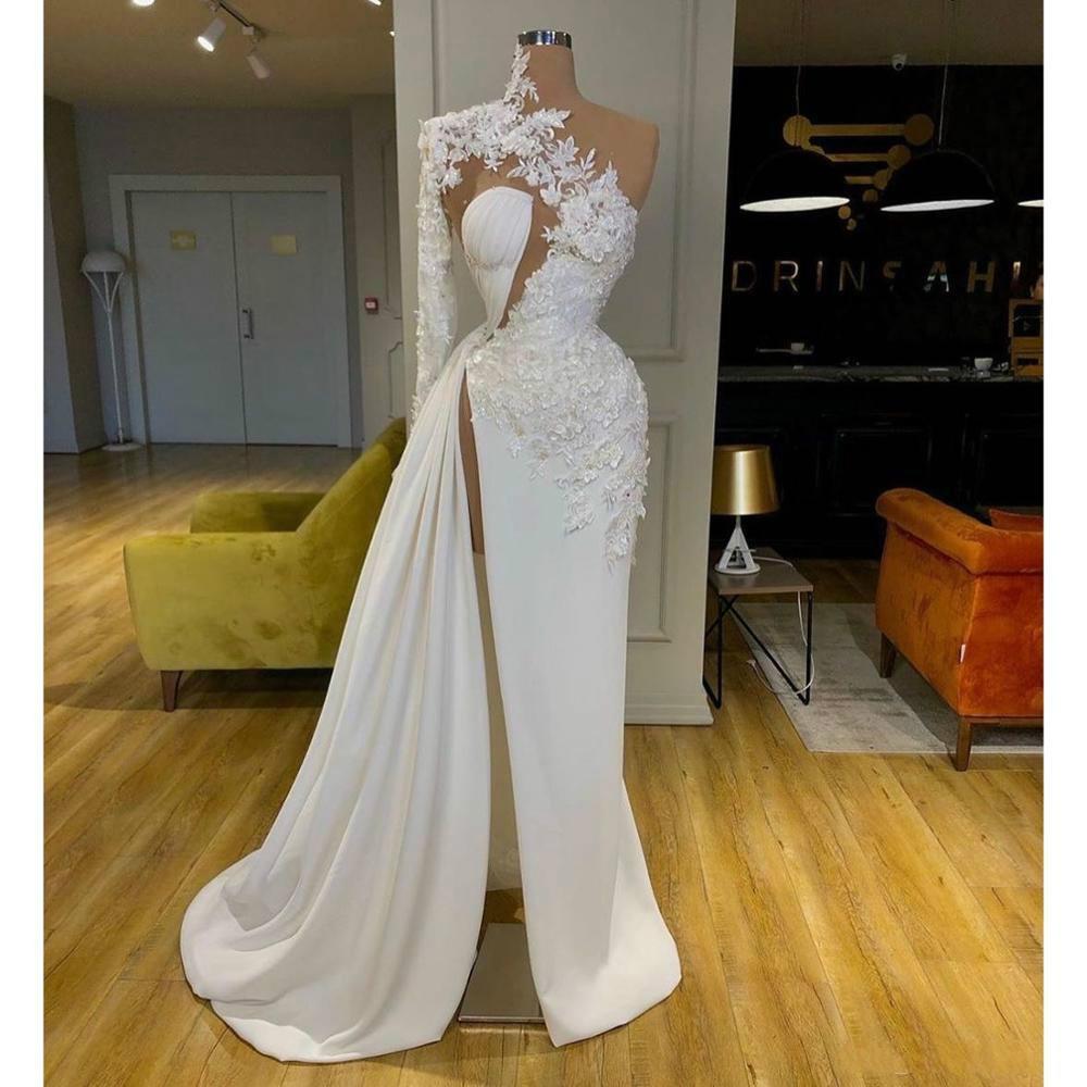 Exquisite Lace White Classy Prom Dress High Neck One Shoulder Long Sleeve Classy Evening Gowns Side Split Robes De Mari¨¦E