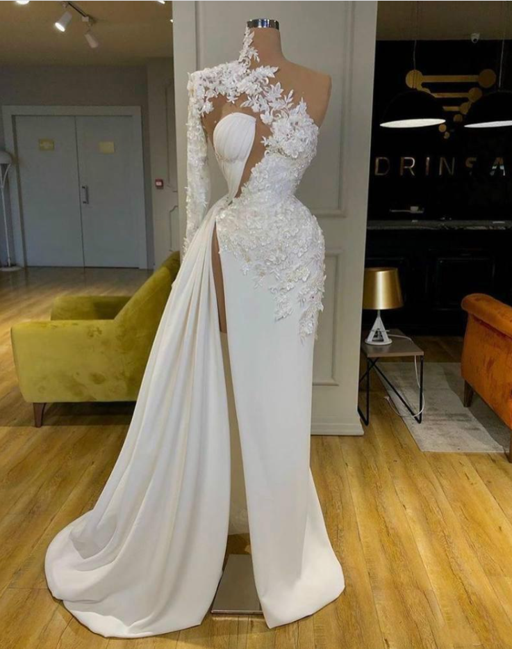 Exquisite Lace White Classy Prom Dress High Neck One Shoulder Long Sleeve Classy Evening Gowns Side Split Robes De Mari¨¦E Main image