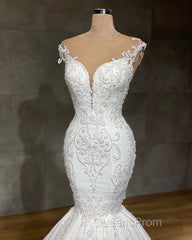 Exquisite Long Lace V-neck Sleeveless Mermaid Wedding Dress