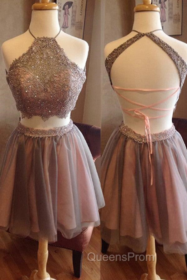 Exquisite Two Pieces Open Back Halter Blush Lace Homecoming Dress Secondary image