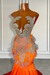 Orange Sleeveless Illusion Mermaid Evening Prom Dress With Beadings and Feather