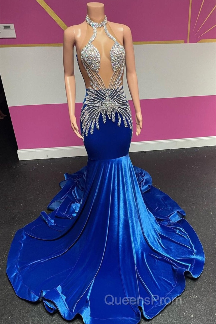 Royal Blue Halter Sleeveless Mermaid Evening Prom Dress With Beadings Velvet Secondary image