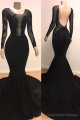 Unique Scoop Long Sleeves Backless Lace Appliques Tulle Sexy Mermaid Prom Dresses