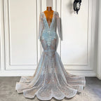 Mermaid Evening Prom Dress with Deep V-Neck Long Sleeves Beadings