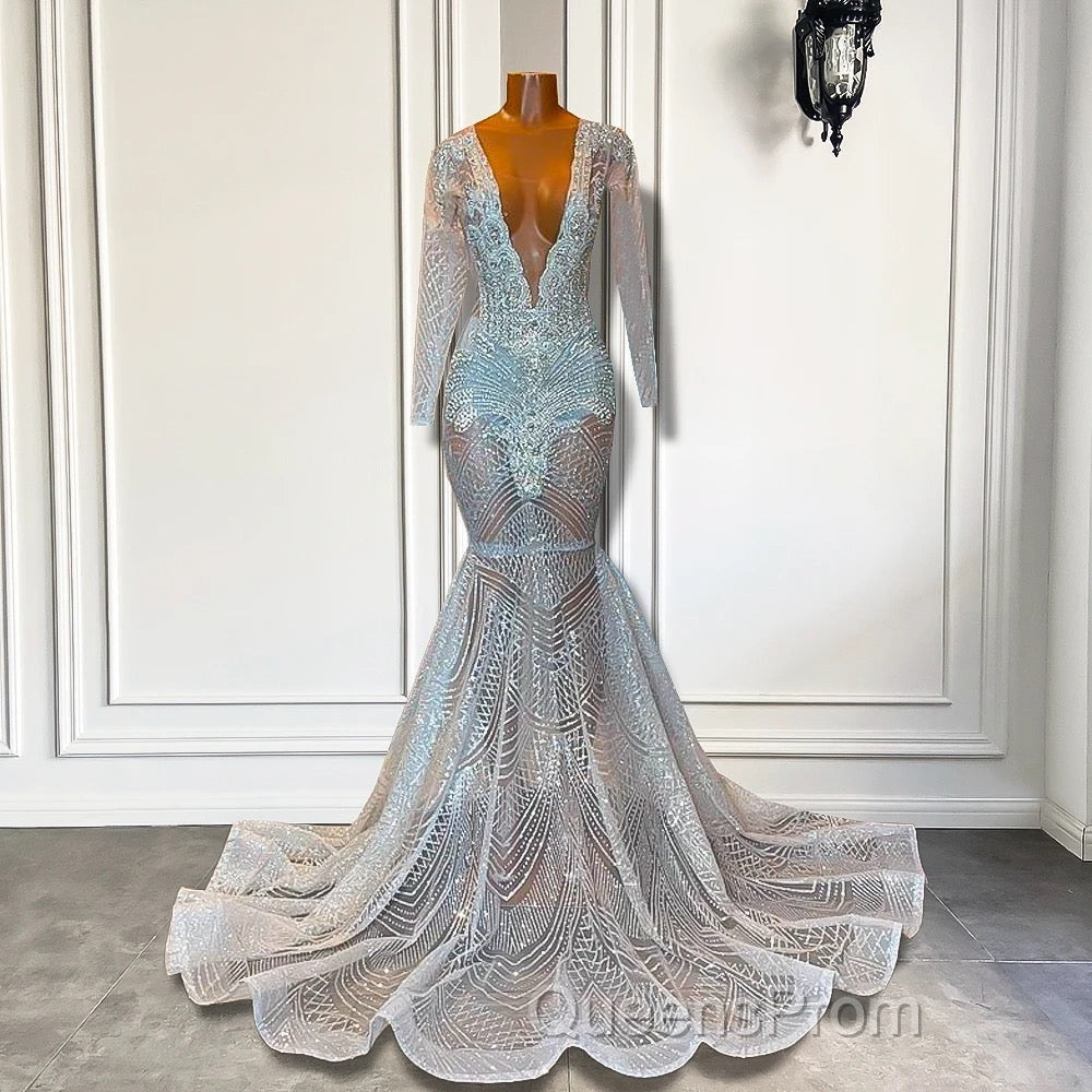 Mermaid Evening Prom Dress with Deep V-Neck Long Sleeves Beadings