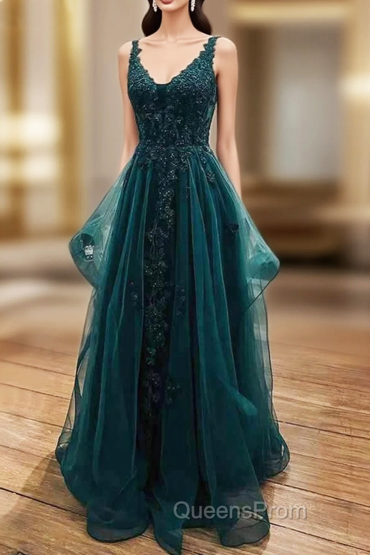Fabulous A-line Lace With Beading Tulle Long V Neck Evening Prom Dress Main image