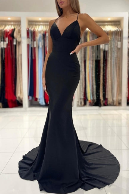 Fabulous Black Spaghetti Straps Mermaid Prom Dresses Long Party Dresses Main image