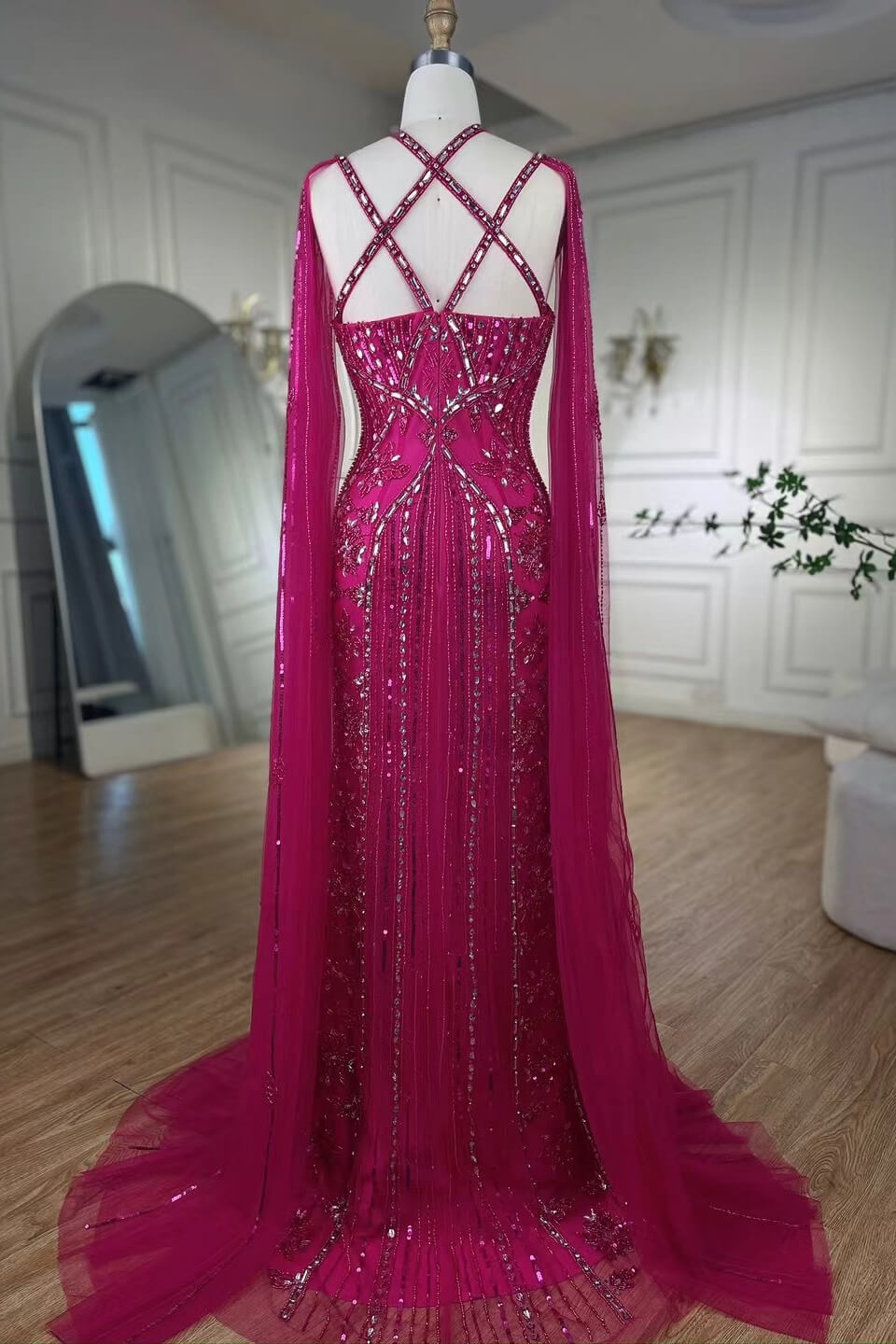 Fabulous Hot Pink Beadings Evening Dress Mermaid Long With Ruffle