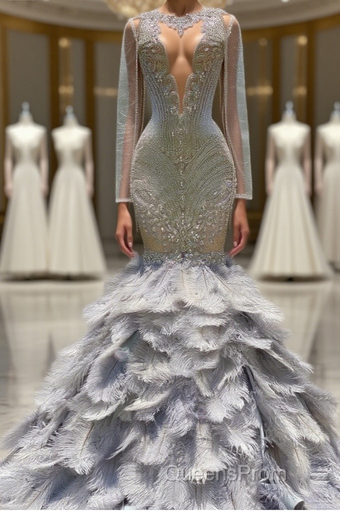 Fabulous Long Mermaid V-neck Sequined Beading Feather Tulle Evening Prom Dress with Sleeves Main image