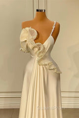 Fabulous White Satin Evening Prom Dress with Ruffles
