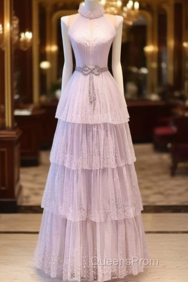 Fairy A Line High Neckline Pink Long Tulle Evening Prom Dress 22Th Birthday Outfit