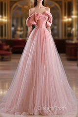 Fairy A Line Off The Shoulder Pink Tulle Evening Prom Dress For Teens