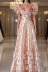 Fairy A Line Short Sleeves Sequin Long Evening Prom Dress