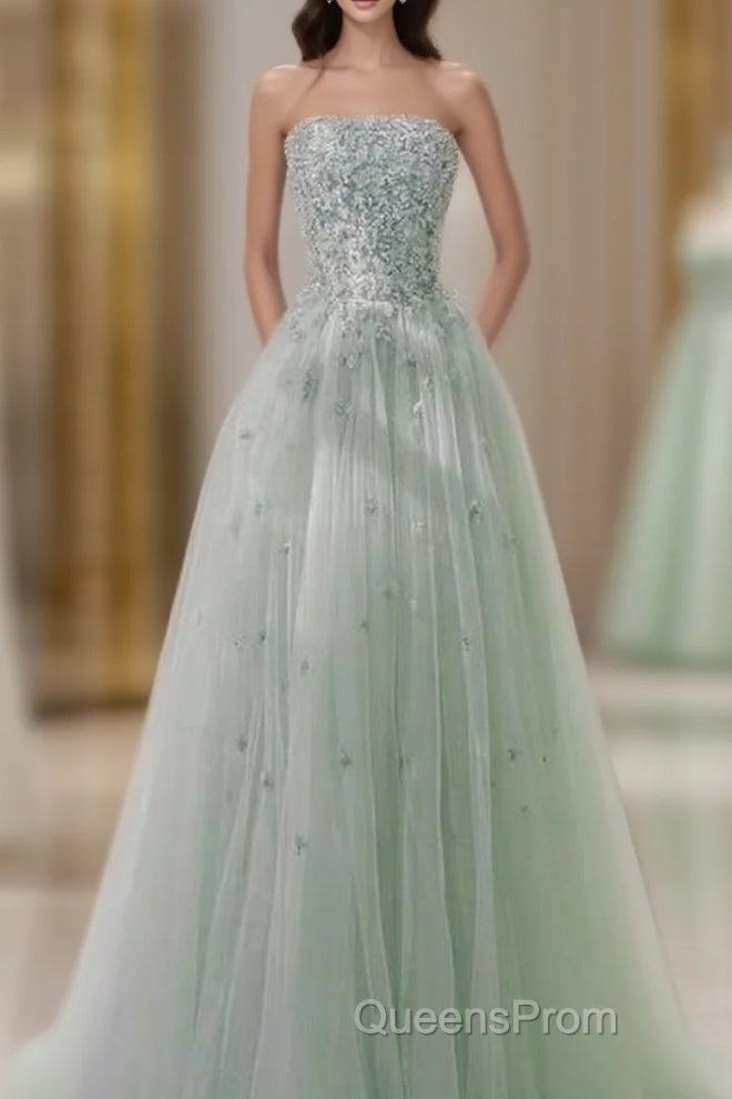 Fairy A Line Strapless Mint Green Long Tulle Evening Prom Dress 22Th Birthday Outfit Main image