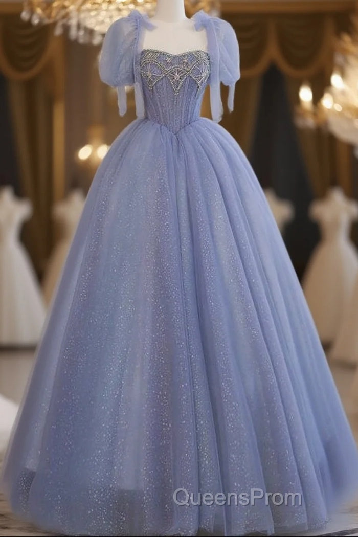Fairy A Line Straps Tulle Long Blue Evening Prom Dress Main image