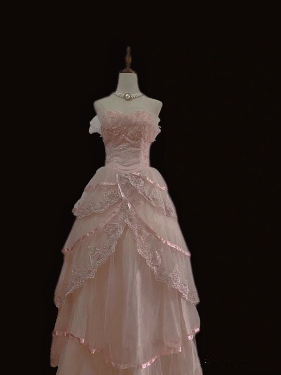 Fairy Ball Gown Strapless Pink Lace Classy Prom Dress Long Classy Evening Dress