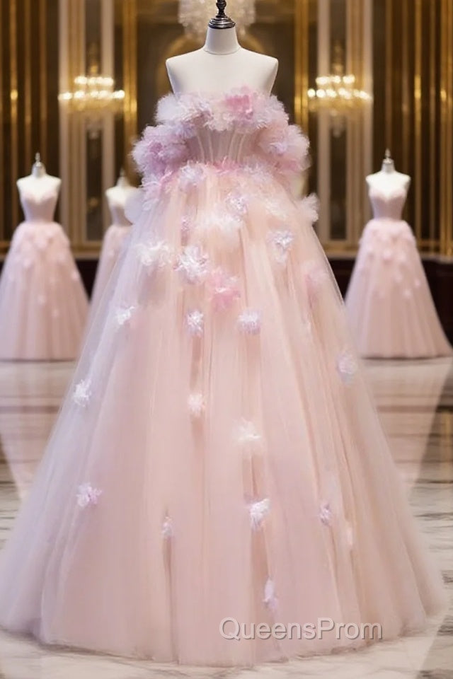 Fairy Ball Gown Strapless Pink Tulle Evening Prom Dress Long Party Dress