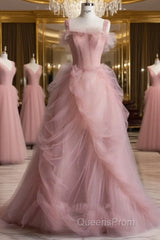 Fairy Ball Gown Straps Pink Tulle Evening Prom Dress For Teens