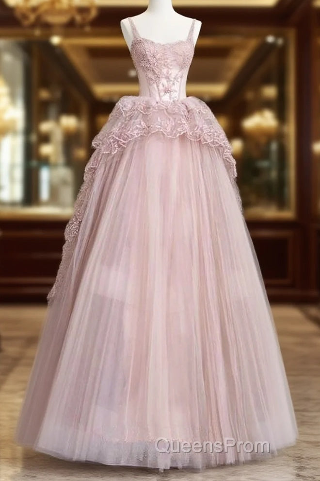 Fairy Ball Gown Straps Pink Tulle Evening Prom Dress Long Party Dress Main image