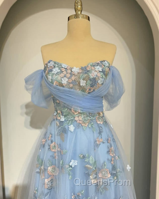Fairy Blue Tulle Off Shoulder Lace Embroidery Dress