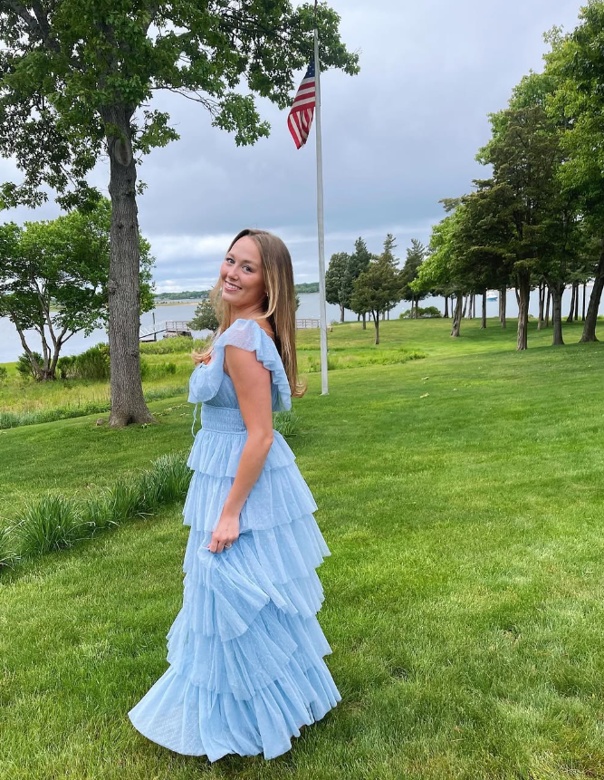 Fairy Sky Blue Sequare Neck Tiered Tulle Classy Evening Dress Long Classy Prom Dress