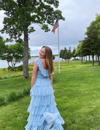 Fairy Sky Blue Sequare Neck Tiered Tulle Classy Evening Dress Long Classy Prom Dress