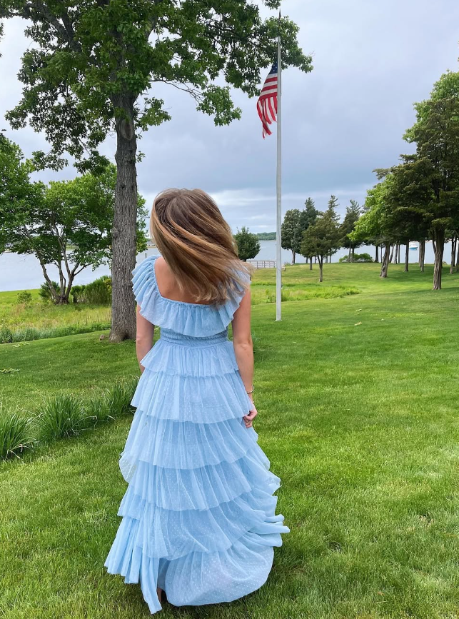 Fairy Sky Blue Sequare Neck Tiered Tulle Classy Evening Dress Long Classy Prom Dress