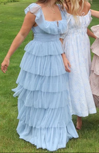Fairy Sky Blue Sequare Neck Tiered Tulle Classy Evening Dress Long Classy Prom Dress