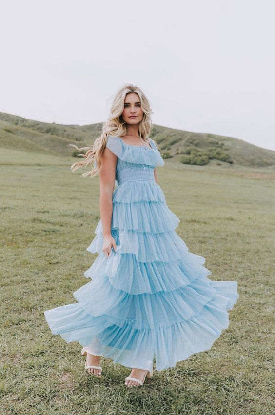 Fairy Sky Blue Sequare Neck Tiered Tulle Classy Evening Dress Long Classy Prom Dress Main image