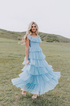 Fairy Sky Blue Sequare Neck Tiered Tulle Classy Evening Dress Long Classy Prom Dress