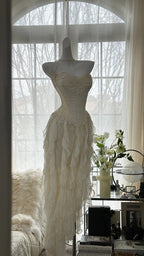 Fairy-Like Tube Top With Heart-Shaped Collar And Beaded Wood Ear Curled Skirt Chiffon Classy Prom Dress