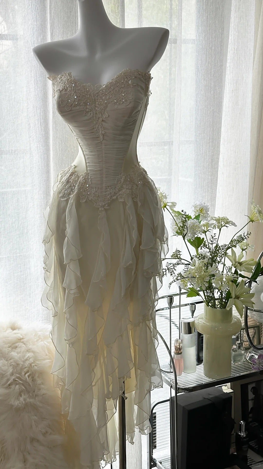 Fairy-Like Tube Top With Heart-Shaped Collar And Beaded Wood Ear Curled Skirt Chiffon Classy Prom Dress
