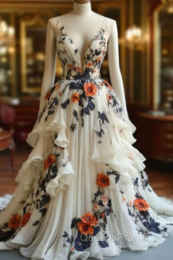 Fairytale A-Line Evening Prom Dress For Wedding Chiffon 3D Applique Evening Dress Main image