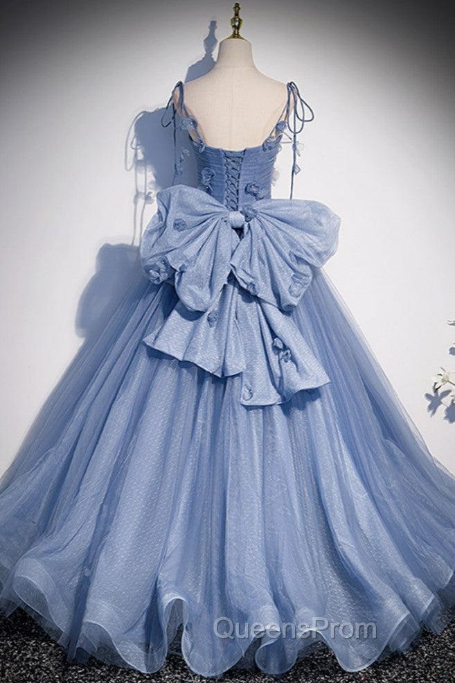 Fairytale Blue Flowers Long Tulle Ballgown Evening Prom Dress