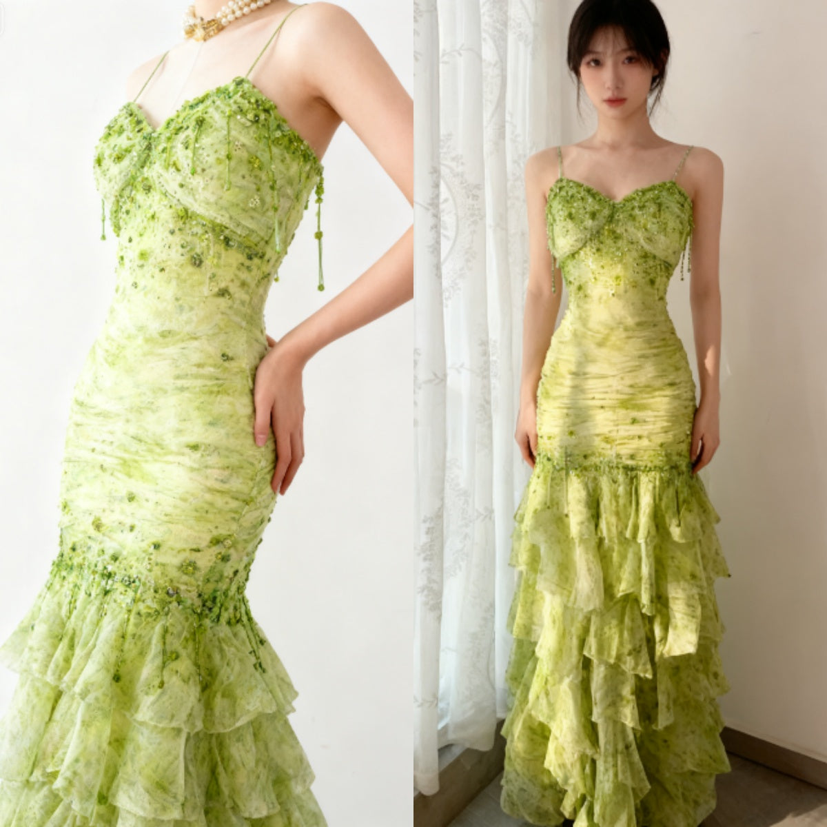 Fairytale Green Mermaid Vintage Party Dresses Sweetheart Chiffon Beaded Layed  Prom Dresses