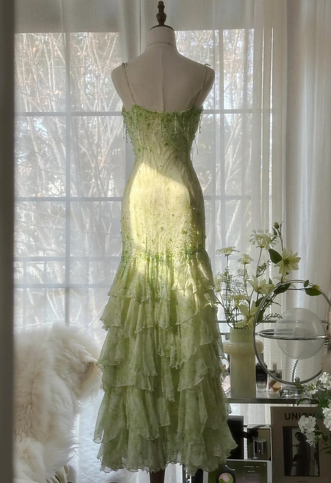 Fairytale Green Mermaid Vintage Party Dresses Sweetheart Chiffon Beaded Layed  Prom Dresses